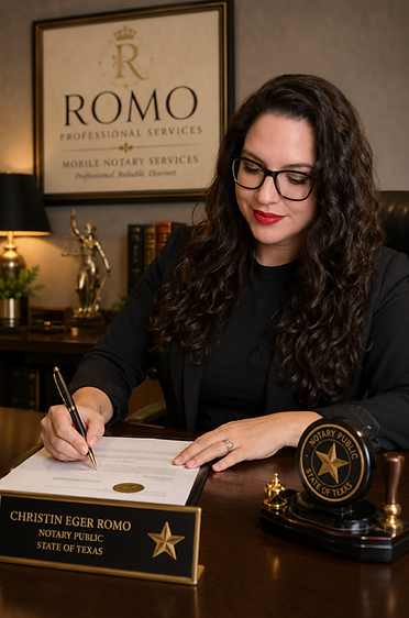 Mobile notary public in Sugar Land Texas signing legal documents for clients at Romo Profesional Services.