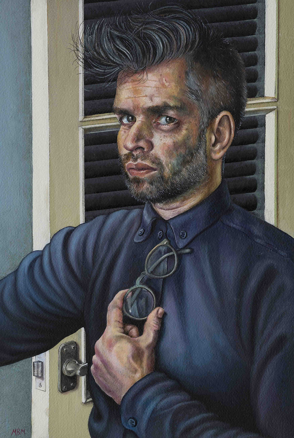 'Behind the Door with Blue Shirt & Glasses'