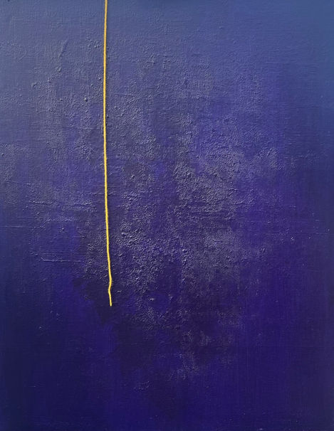 A straight golden thread slices vertical through a gestural purple and blue painting