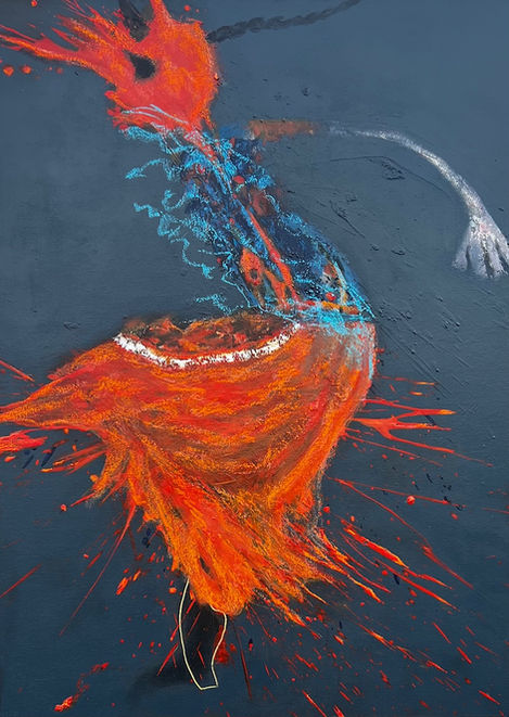 Diablo de Lata carnival figure reimagined in layered abstract painting – Patas Arriba by Ecuadorian artist Susana Uvidia