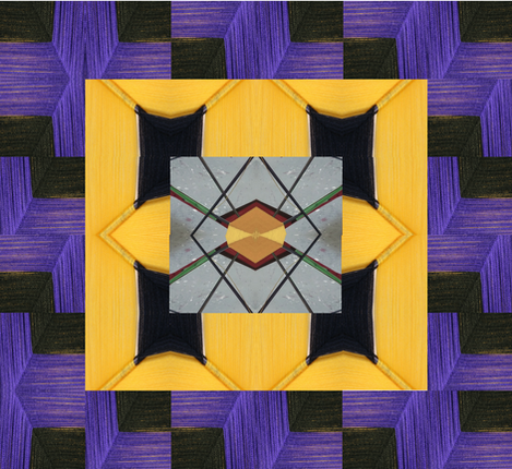 Woven abstract forms radiating from a protective central shape in textile art – Light in Dark Time by Susana Uvidia