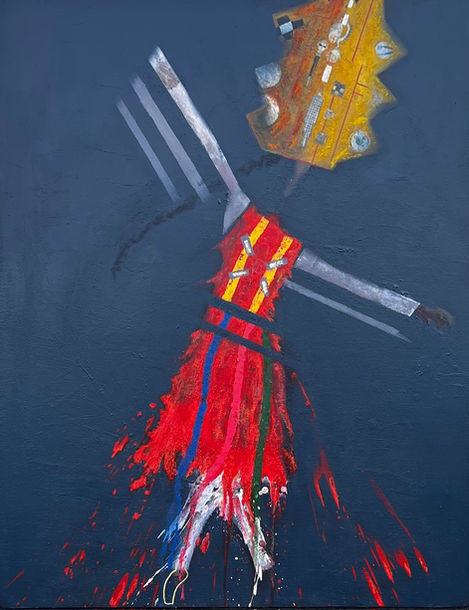 Contemporary painting of the Danzante de Yaruquí from Andean carnival traditions – Patas Arriba by Susana Uvidia