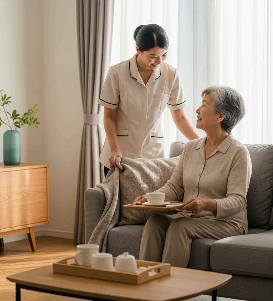 Home nurse measuring blood pressure for elderly woman at home