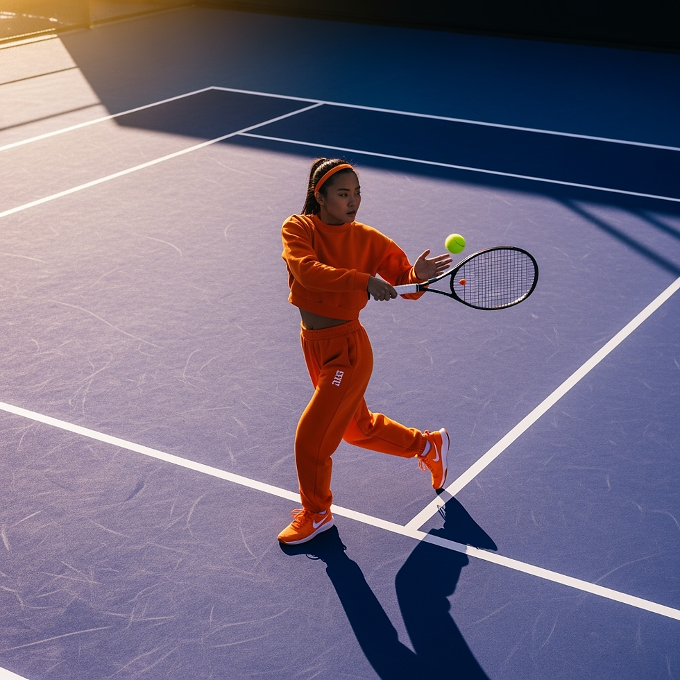 Athlete in red outfit mid-swing on a blue tennis court under bright lighting