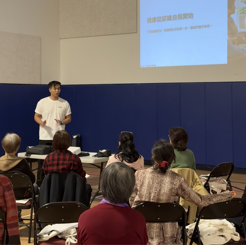 WOXY representative delivering a community health talk at North Toronto Chinese Baptist Church, guiding participants through the importance of understanding their own health and sustainable wellness habits.