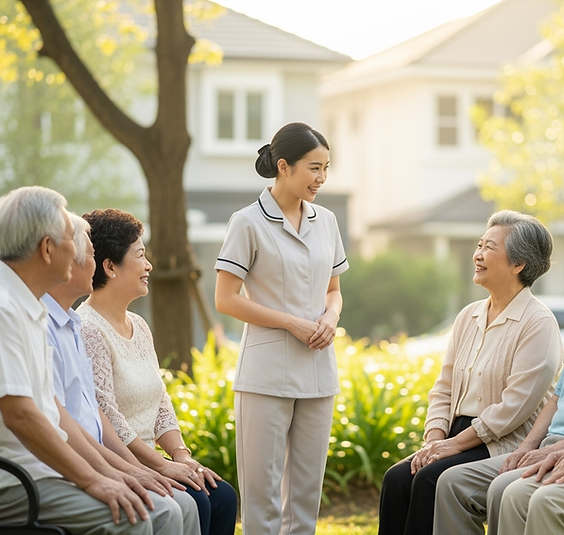 Caregiver leading outdoor activity with seniors at community event
