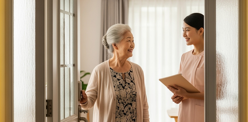 Caregiver helping senior woman walk safely inside a modern home