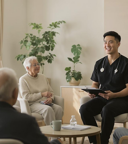 Nurse or caregiver engaging with elderly residents in a calm indoor setting