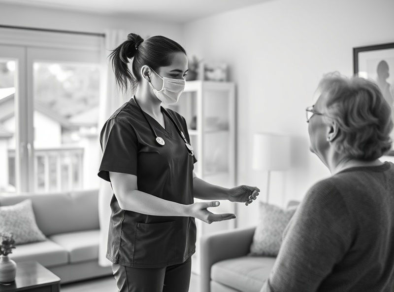 Nurse talking to an elderly client in a home setting in black and white