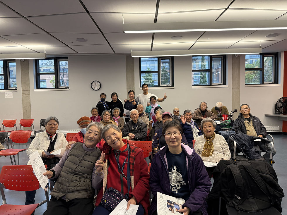 Group photo of seniors and the WOXY team at Toronto Public Library’s Agincourt Branch after a fall prevention and body composition session, celebrating community health and connection despite the rainy day.