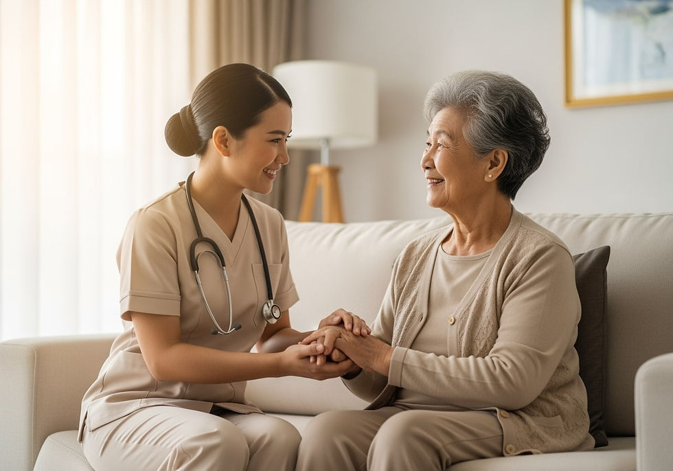 Asian nurse providing home care to senior woman in a warm living room