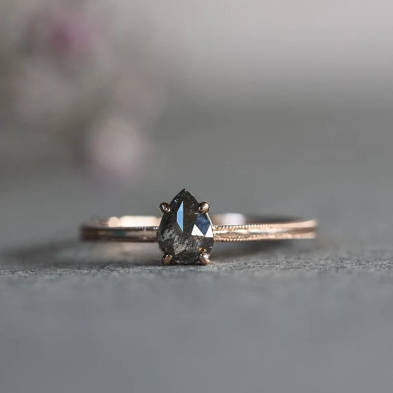 Thumbnail: 18ct Rose Gold, Pear Shaped Dark Grey Diamond Ring (IOW198)
