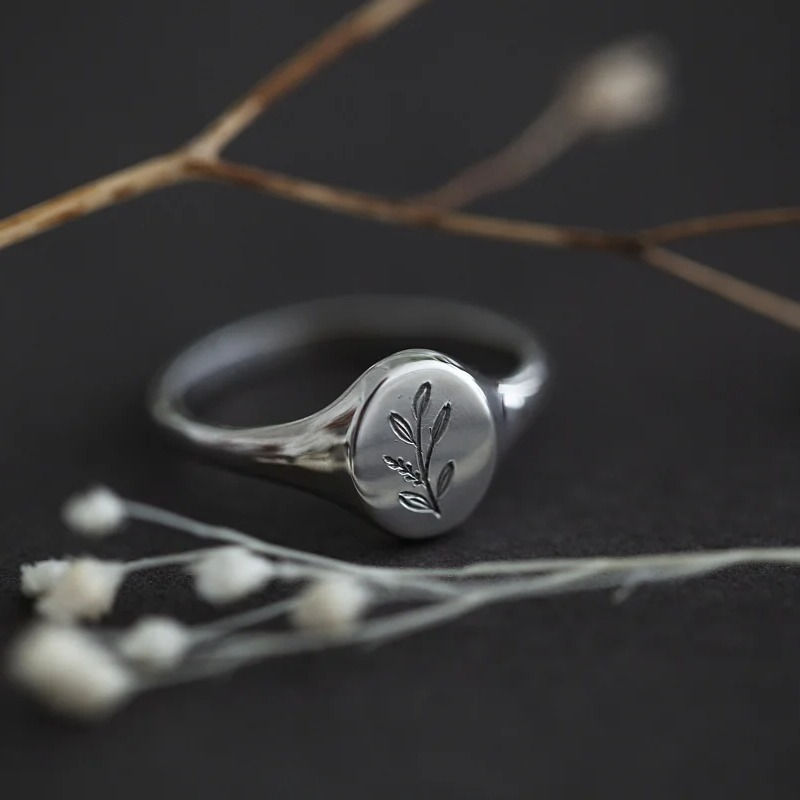 Thumbnail: Botanical Engraved Signet Ring (in silver or 9ct gold)