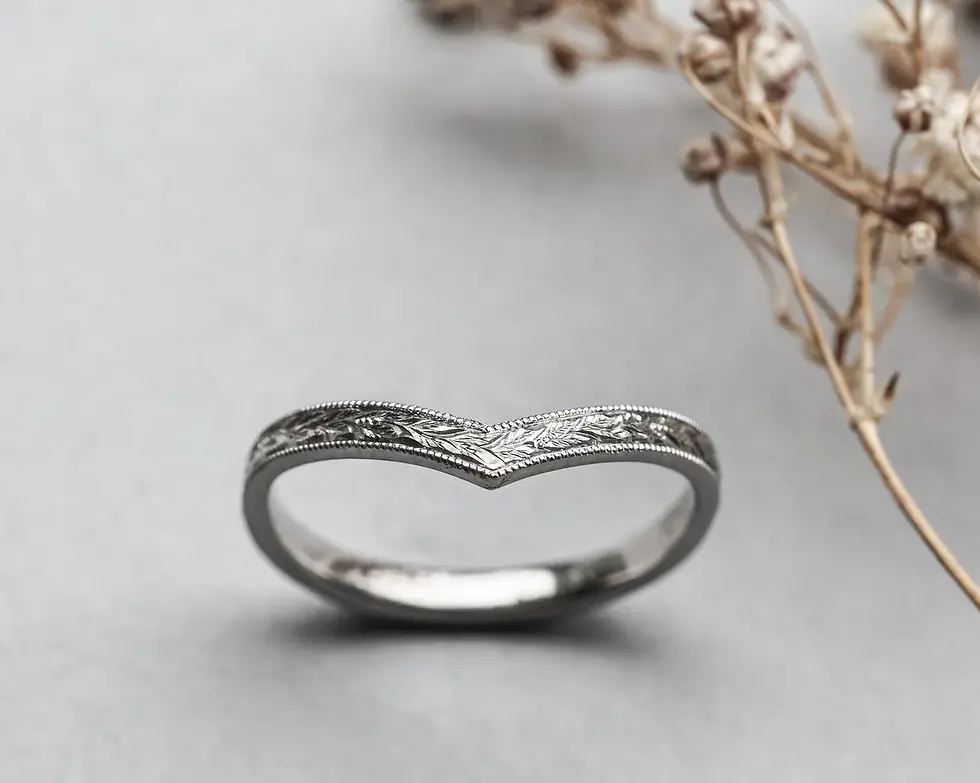Thumbnail: Platinum 2mm flat court laurel leaf and milled edge engraved wishbone ring