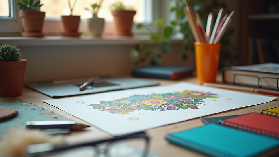 Close-up view of a vibrant workspace with creative tools