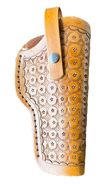 Hand-tooled tan leather gun holster with star pattern and snap closure, handcrafted by RLR Leather