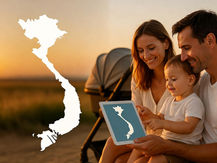 Map of Vietnam with family icons showing north central and south regions, parents planning with a toddler on their lap, warm light