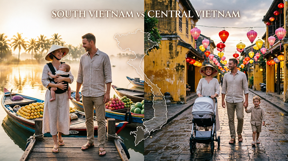 Split image: left shows a family in the Mekong Delta with baby carrier; right shows a family pushing a stroller along Hoi An's lantern-lit riverside promenade at dusk