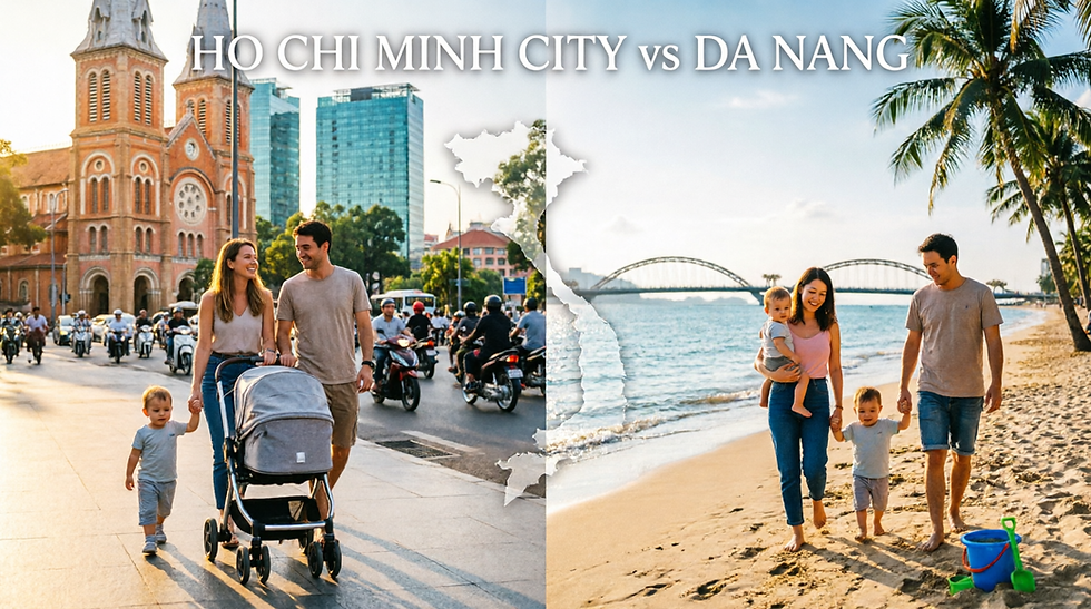 Ho Chi Minh City vs Da Nang with kids, baby and toddler family travel in Vietnam showing city skyline and beach comparison for parents choosing the best destination