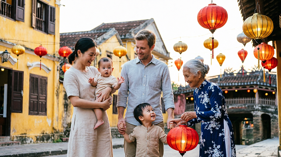 Cultural tips for parents traveling Vietnam with babies and toddlers: International family respectfully interacting with Vietnamese elderly woman in traditional áo dài at Hoi An Ancient Town with colorful silk lanterns, showing cultural etiquette and cross-generational connection - complete baby travel etiquette guide