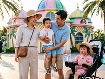 中国家庭在越南亲子旅行，带新生儿婴儿幼儿在度假酒店轻松度假的真实场景，展示婴儿推车与家庭出行环境
