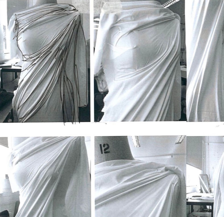 Draped fabric on dress forms; texture and design details revealed by close-up shots.