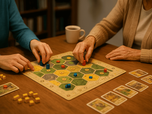 Personas de distintas edades jugando un juego de mesa sobre una mesa de madera, representando los beneficios cognitivos y sociales del juego.”