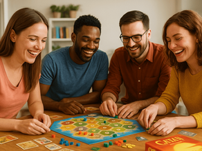 Jugadores principiantes aprendiendo juegos de mesa modernos como Catan y Carcassonne.
