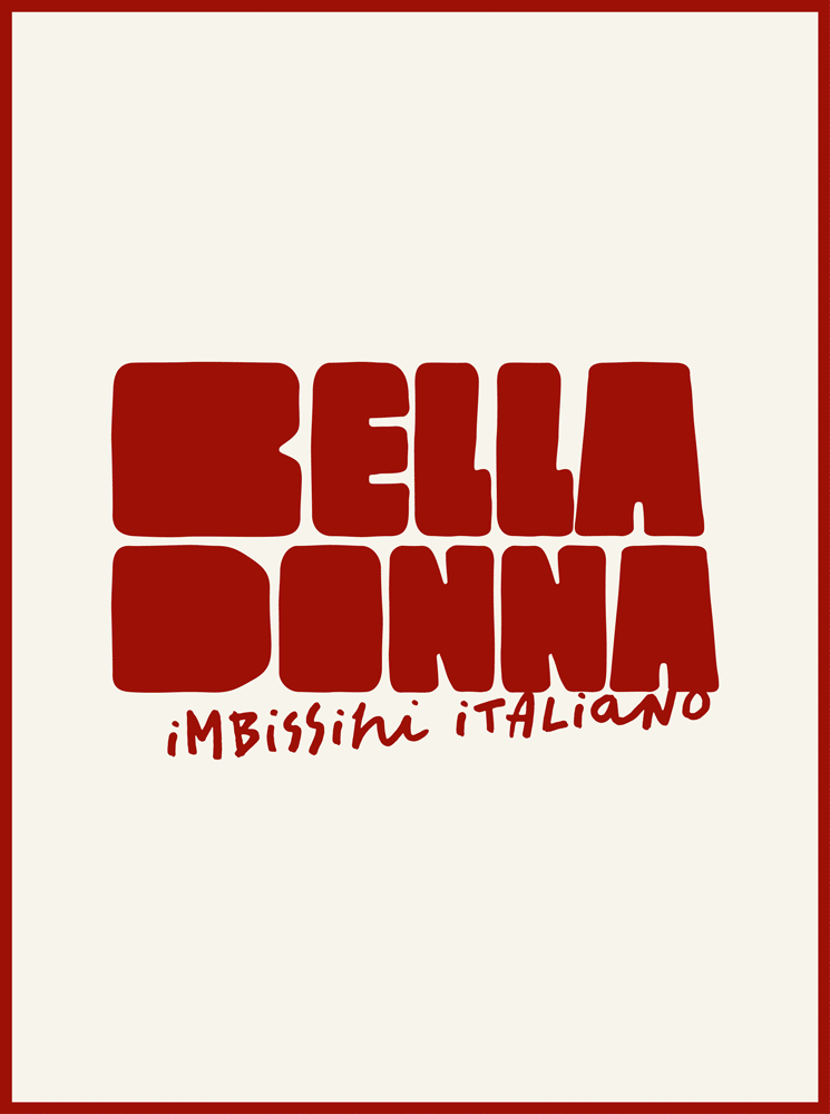 Das Corporate Design fr den Imbiss Bella Donna. Man sieht einen Teil der Speisekarte, das Logo und zwei Keyvisuals, die einen Teller mit einer Pizza und einen Teller mit einer Pasta und Scampi zeigen