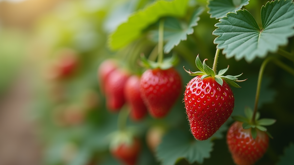 Close-up view of ripe strawberries growing on a family farm