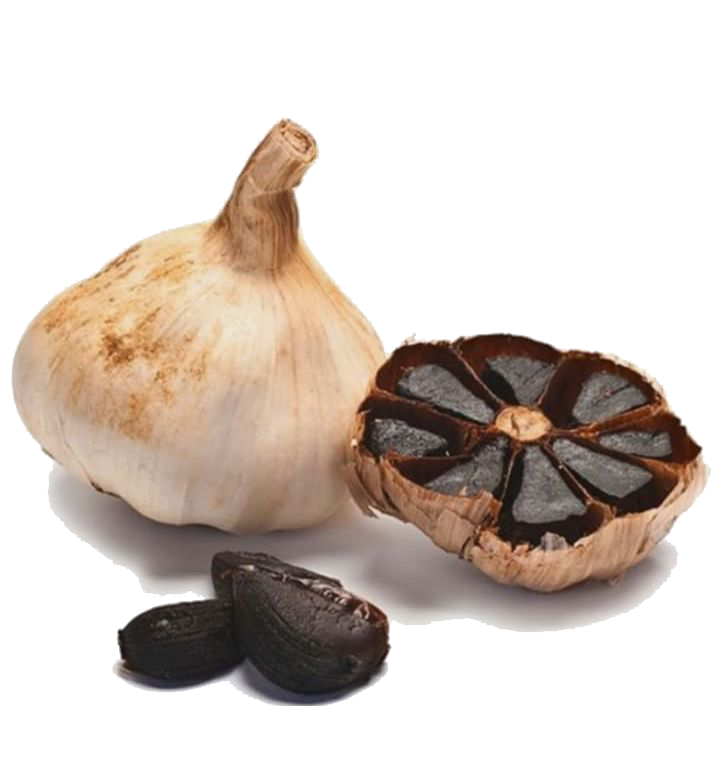 Close-up view of black garlic bulbs arranged in bulk