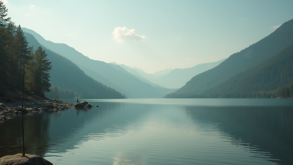 Eye-level view of a serene fishing spot with a tranquil lake