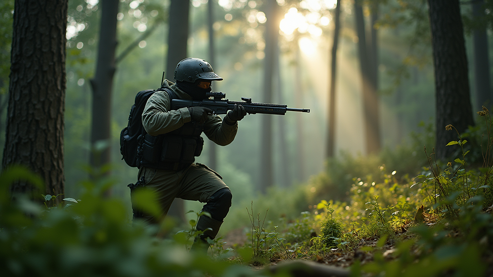 Eye-level view of a player engaging in combat in a lush forest