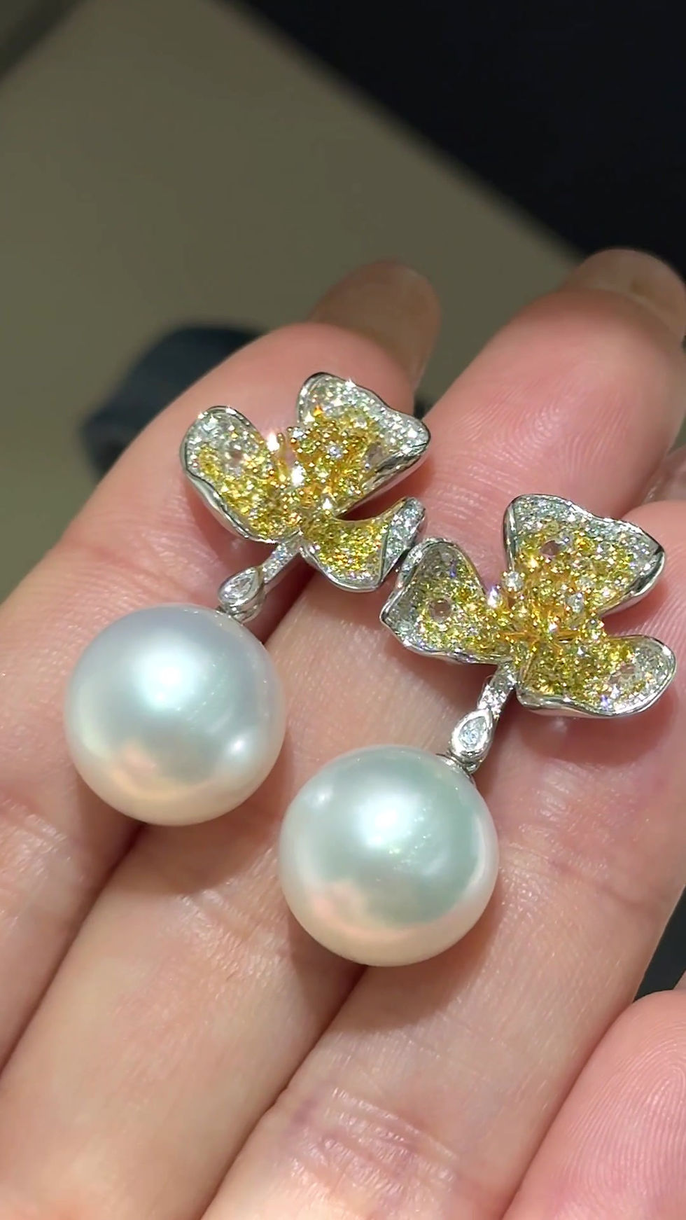 Miniature : Vine Symphony — South Sea Pearl & Yellow Diamond Butterfly Earrings