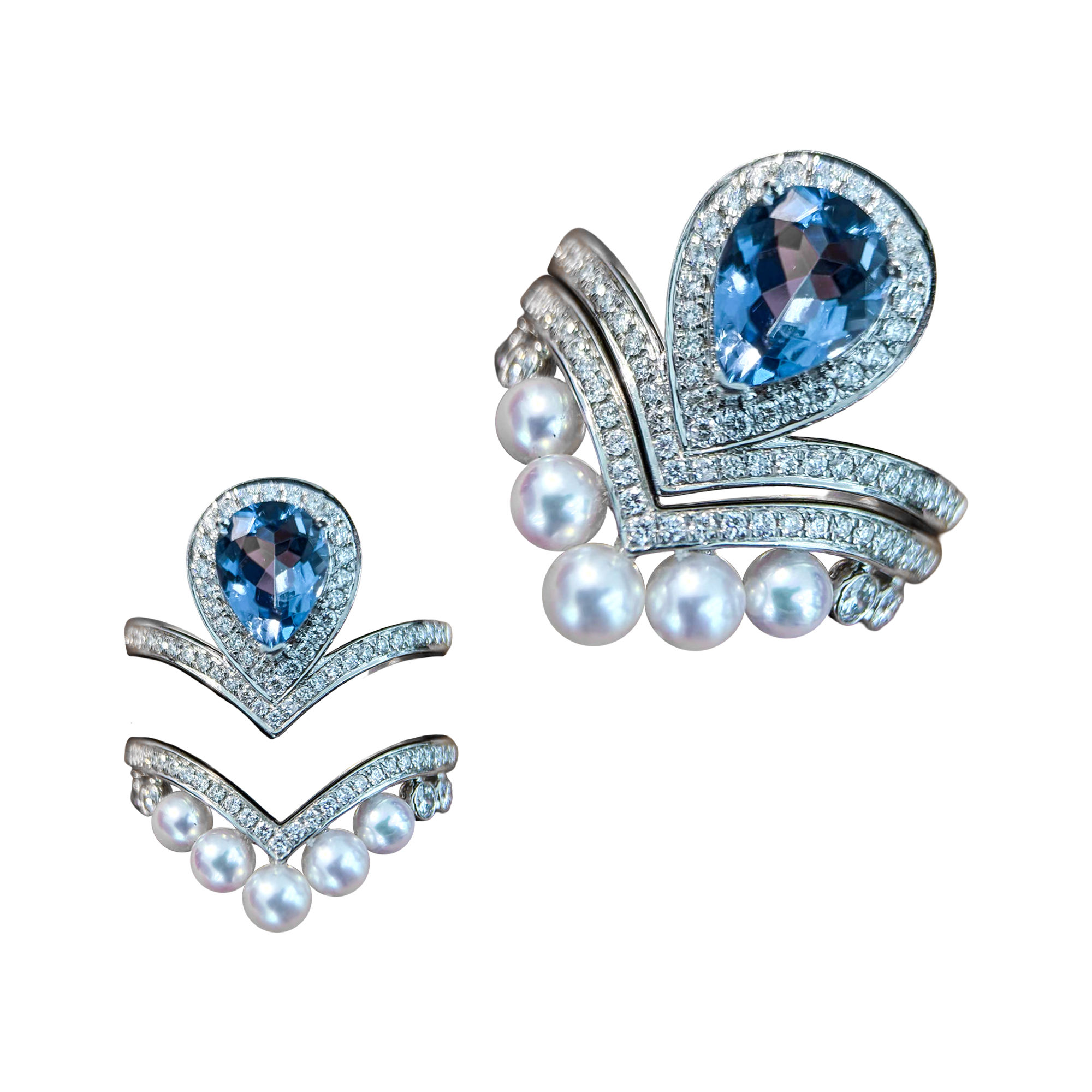 Crown Radiance—Transformable Akoya Pearl, Sapphire & Diamond Stackable Ring Set