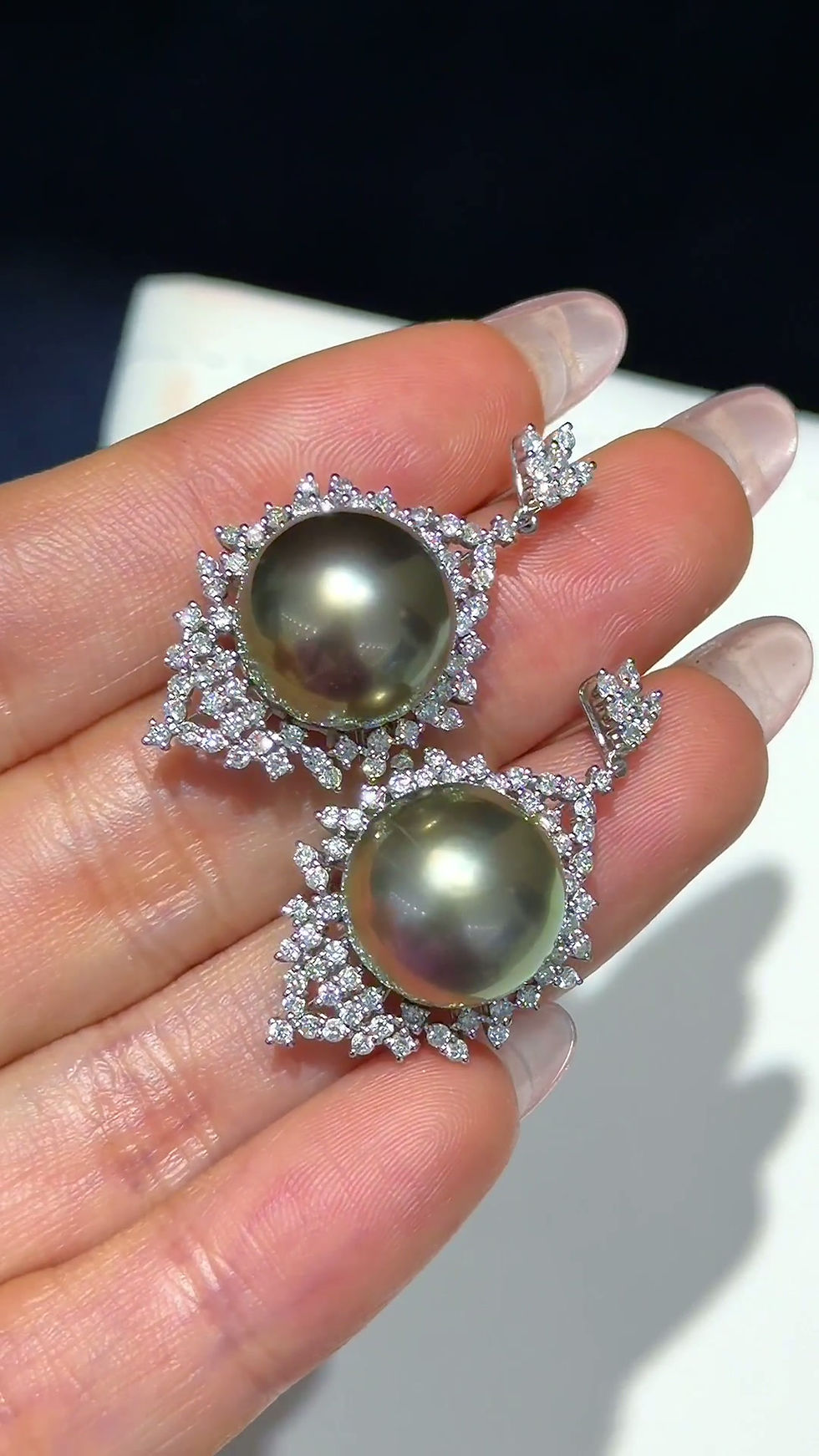 Thumbnail: Crown Radiance — Tahitian Pearl Diamond Drop Earrings