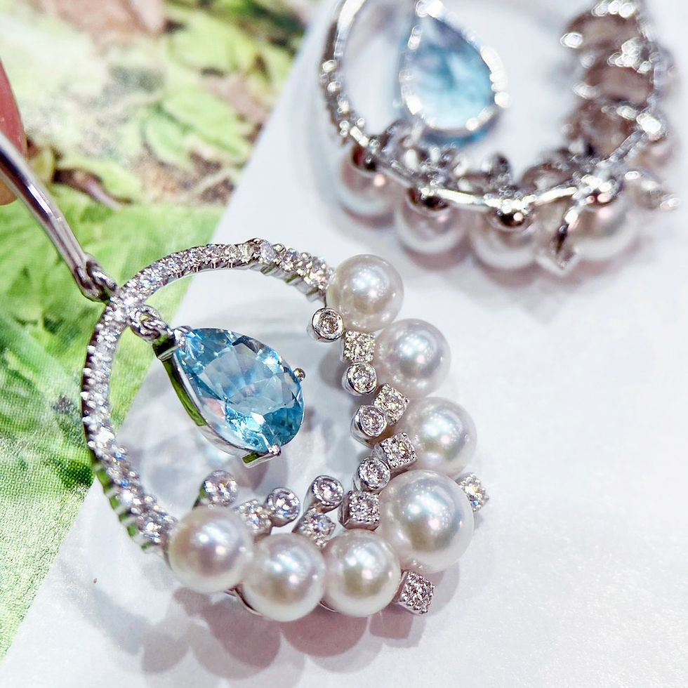 Miniatyrbild: Caelmare — Aquamarine & Diamond Halo Baby Akoya Pearl Earrings