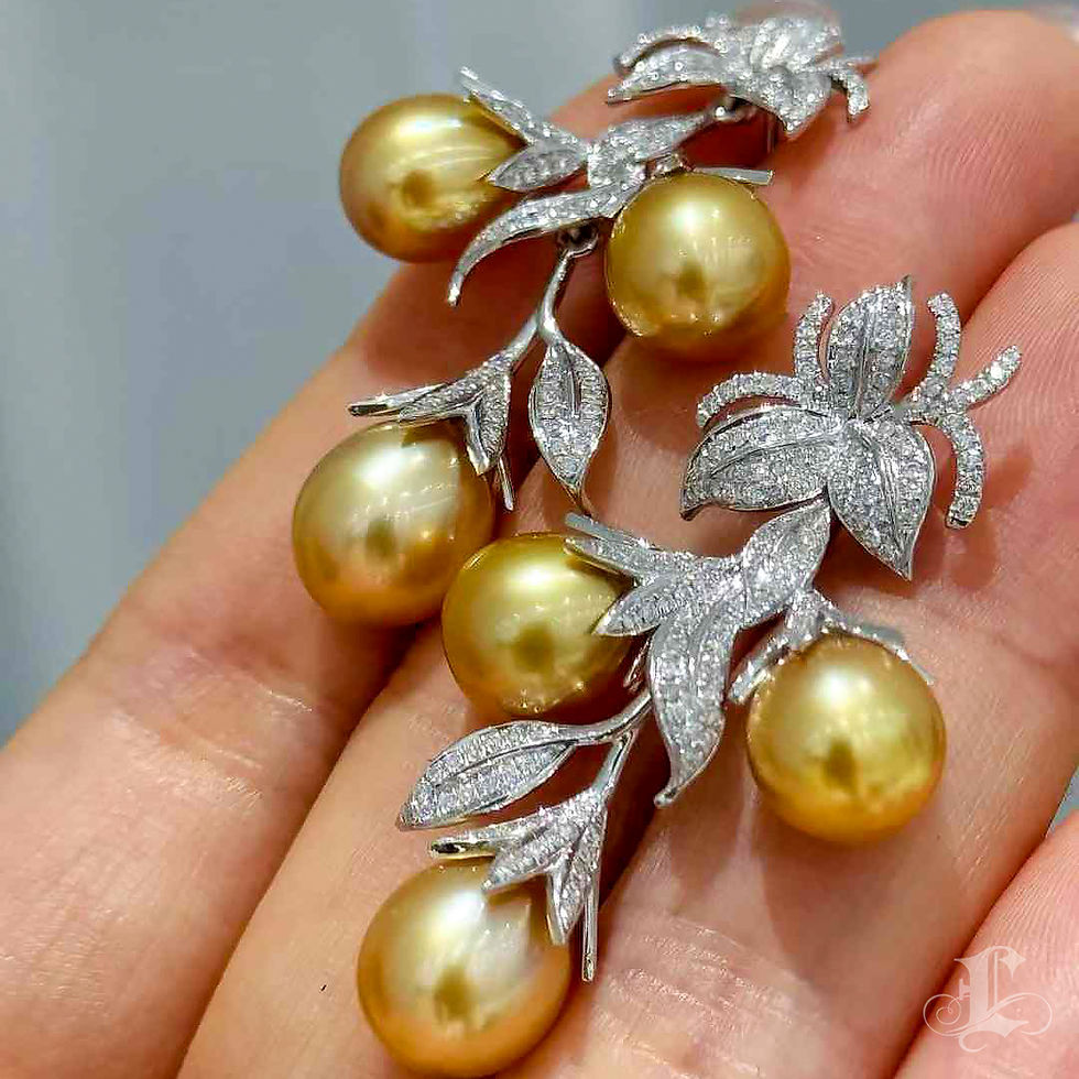 Miniatura: Vine Symphony — Majestic Vine Golden South Sea Pearl & Diamond Earrings