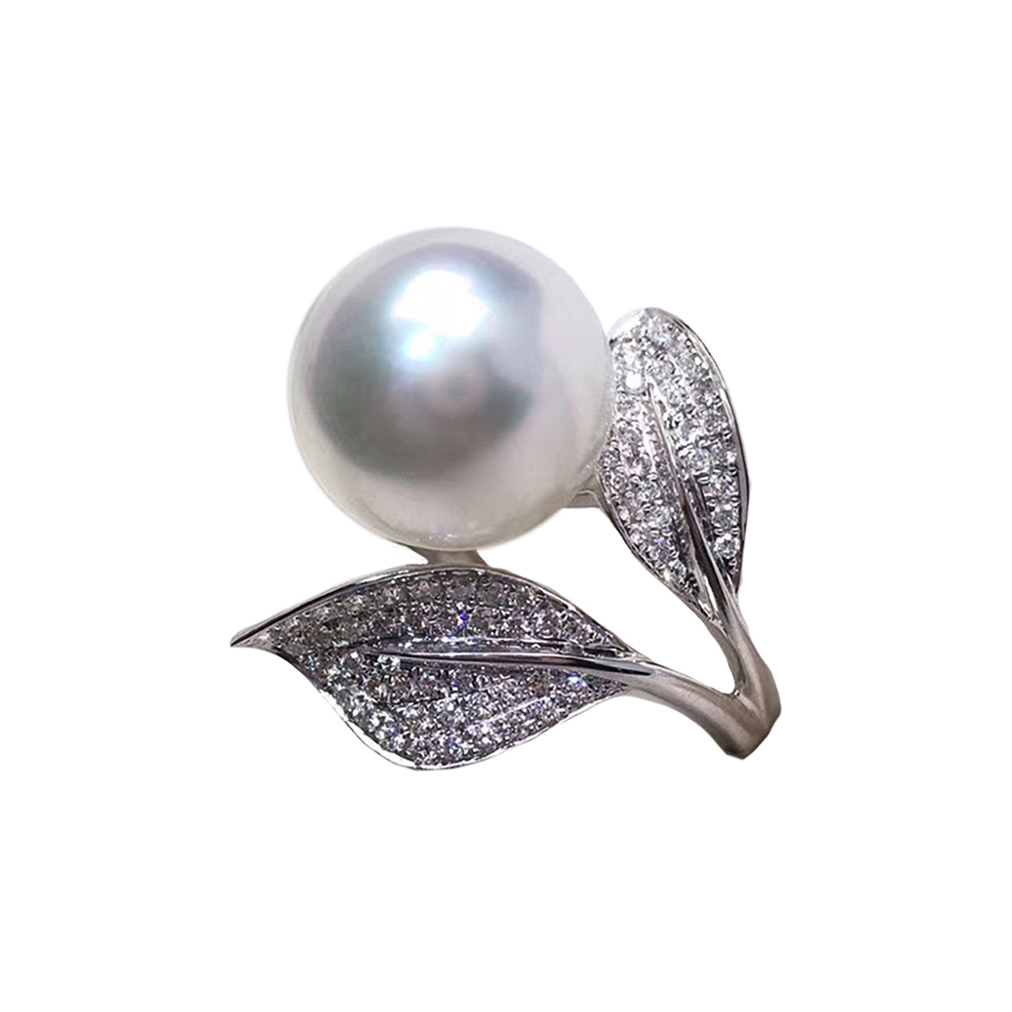 Vine Symphony — White South Sea Pearl Diamond Leaf Ring