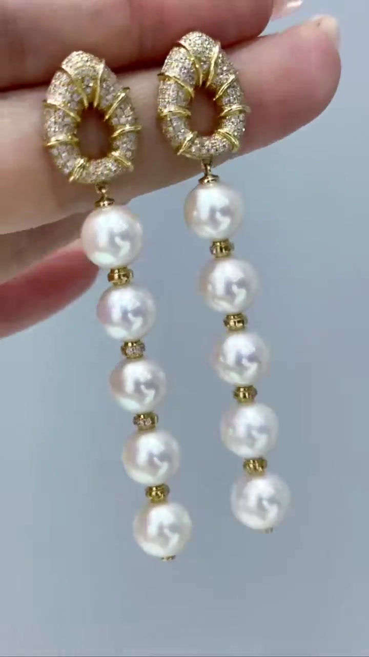 Miniature : Crown Radiance — Akoya Pearl & Diamond Long Drop Earrings