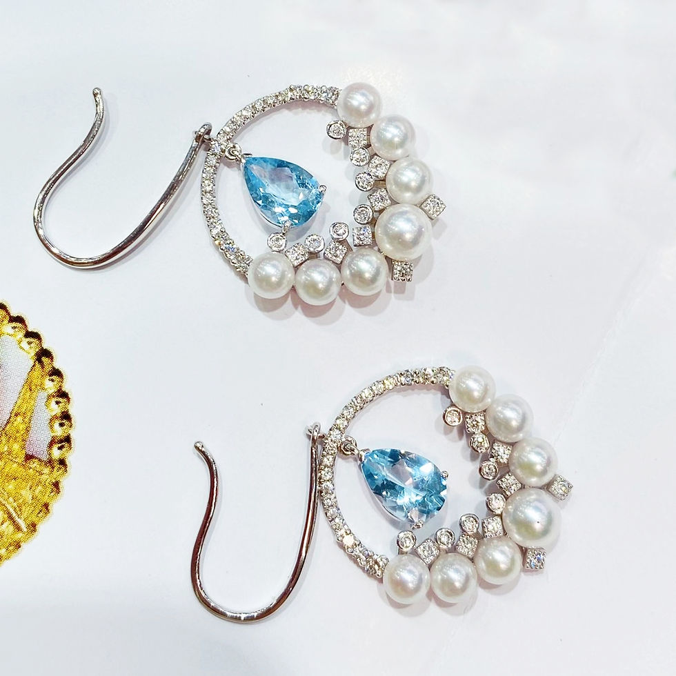 Miniatyrbild: Caelmare — Aquamarine & Diamond Halo Baby Akoya Pearl Earrings