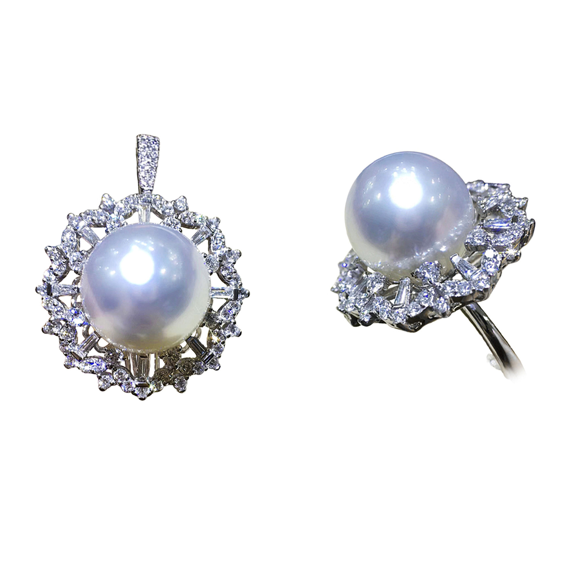Crown Radiance — Transformable Diamond Halo Aurora South Sea Pearl Ring Pendant