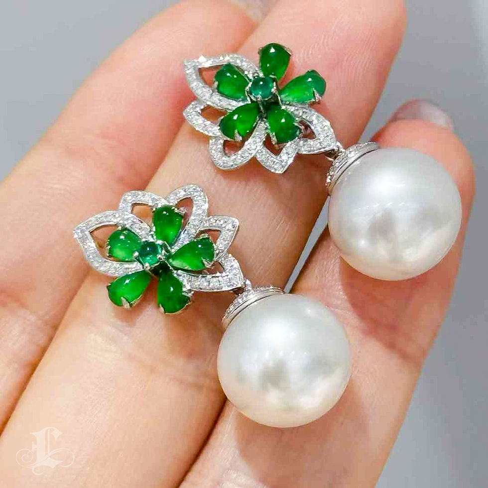 Thumbnail: Vine Symphony — Convertible Type A Jadeite Floral South Sea Pearl Diamond Earri