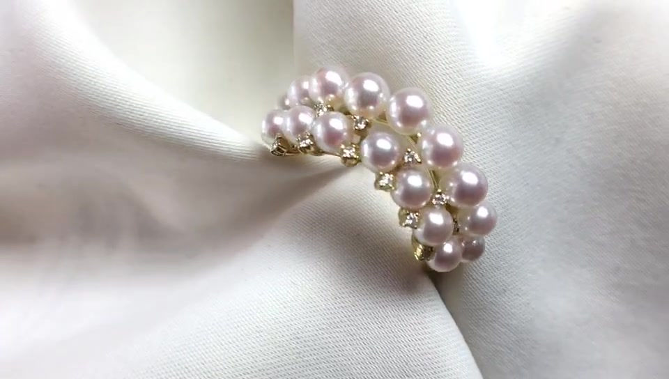 Thumbnail: Sculpted Geometry — Baby Akoya Pearl Double Row Ring in 18K Gold with Diamonds