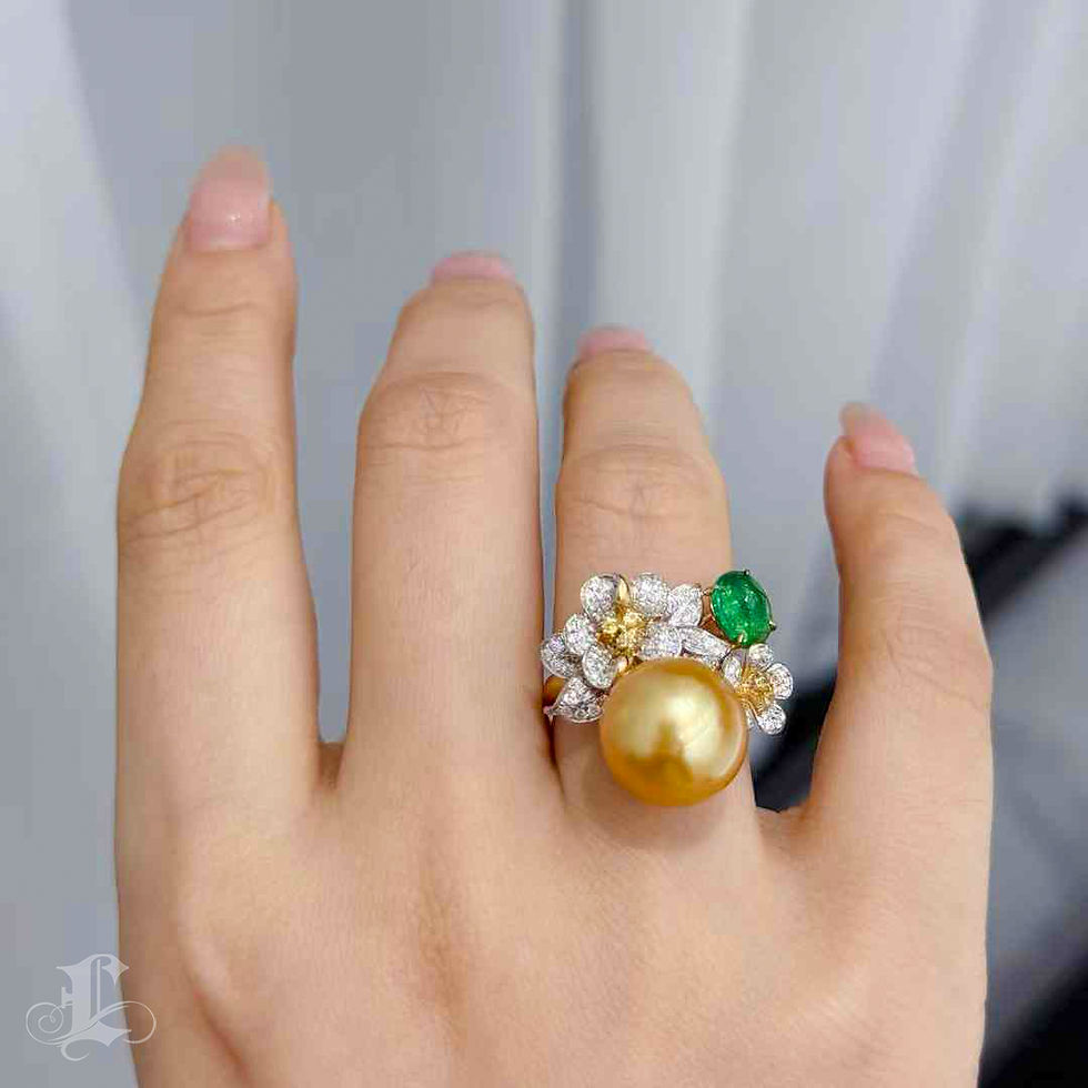 サムネイル： Jādora — Emerald Garden South Sea Pearl & Diamond Floral Ring, 18k Gold