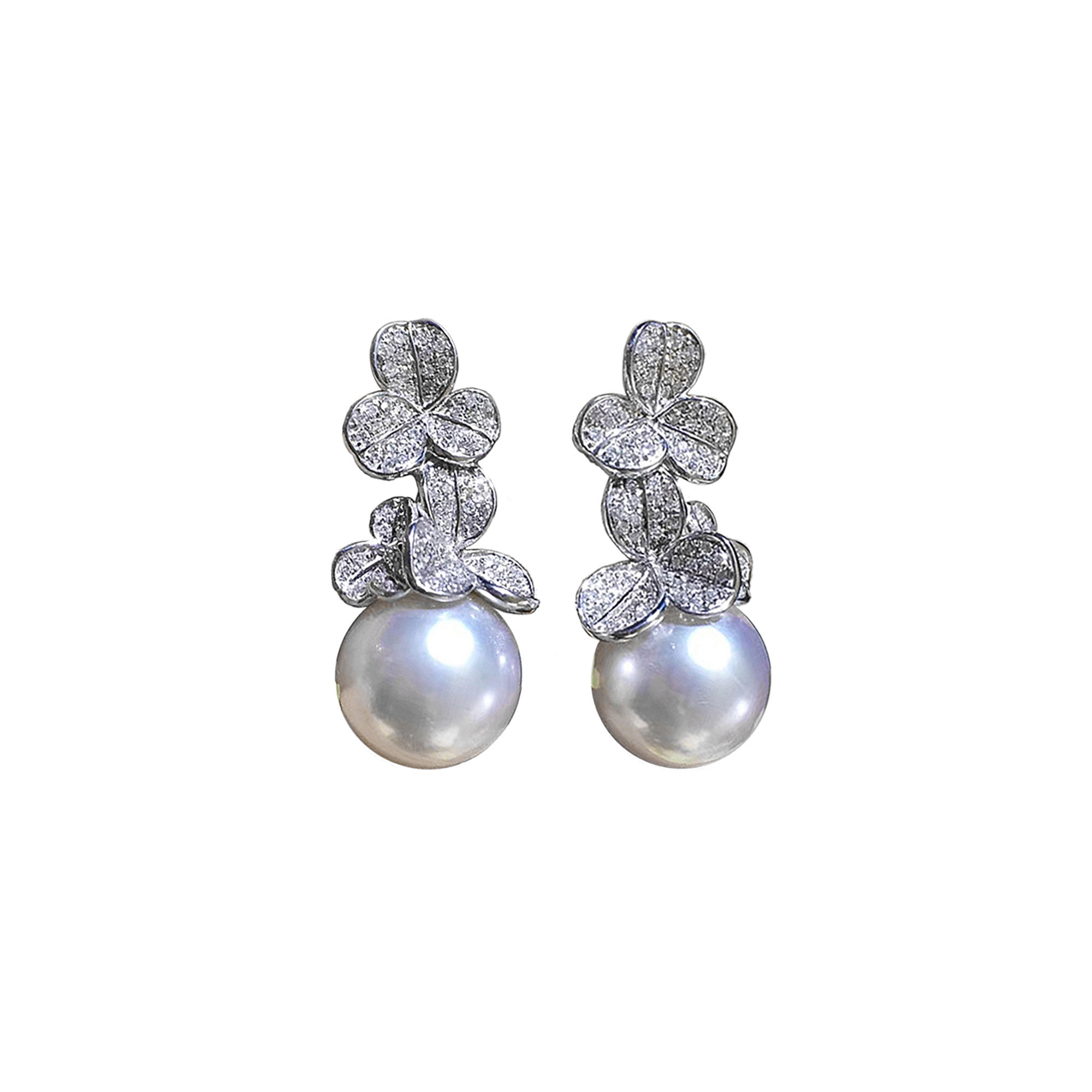 Vine Symphony — AAAA 11–12mm South Sea Pearl Diamond Floral Earrings