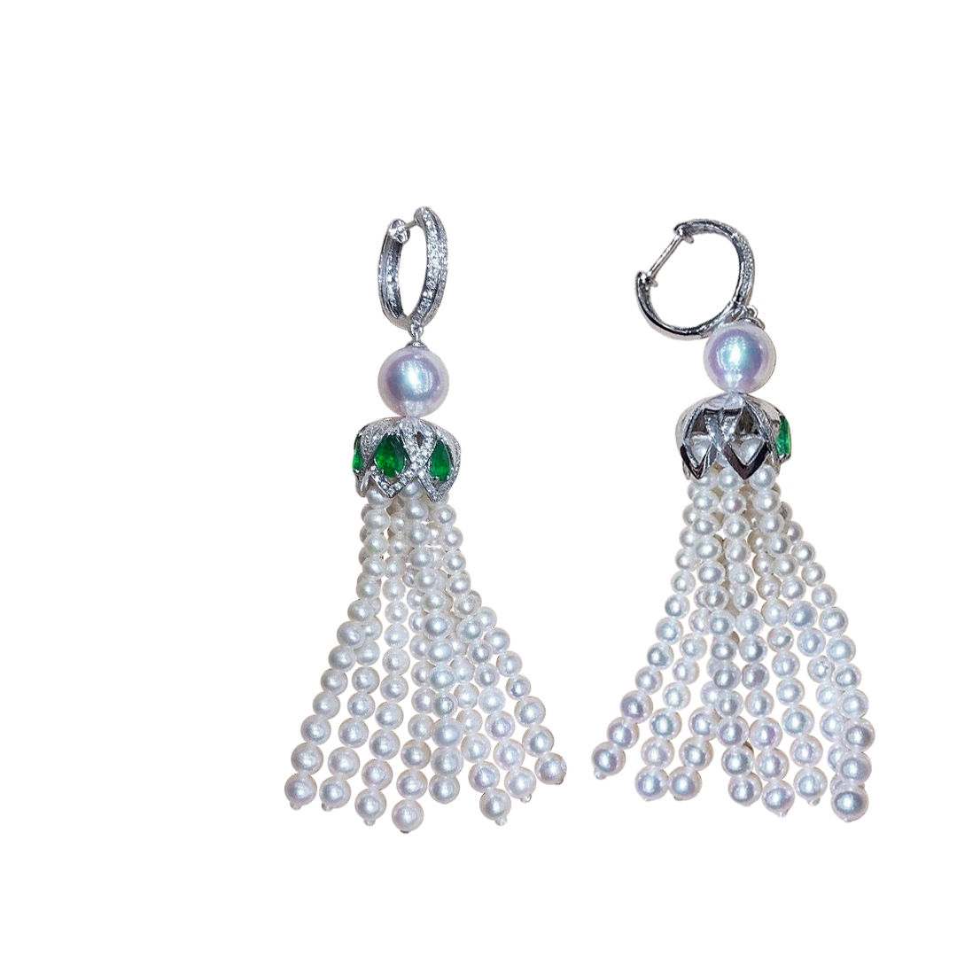 Crown Radiance — Emerald Cascade Aurora Akoya Pearl Tassel Earrings
