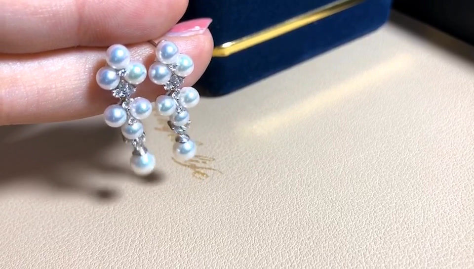 Прев'ю: Vine Symphony – Multi-Pearl Diamond Baby Akoya 18K White Gold Earrings