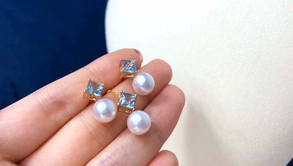 Thumbnail: Petite Signature — Prism Glow Aquamarine & Aurora Akoya Pearl Earrings
