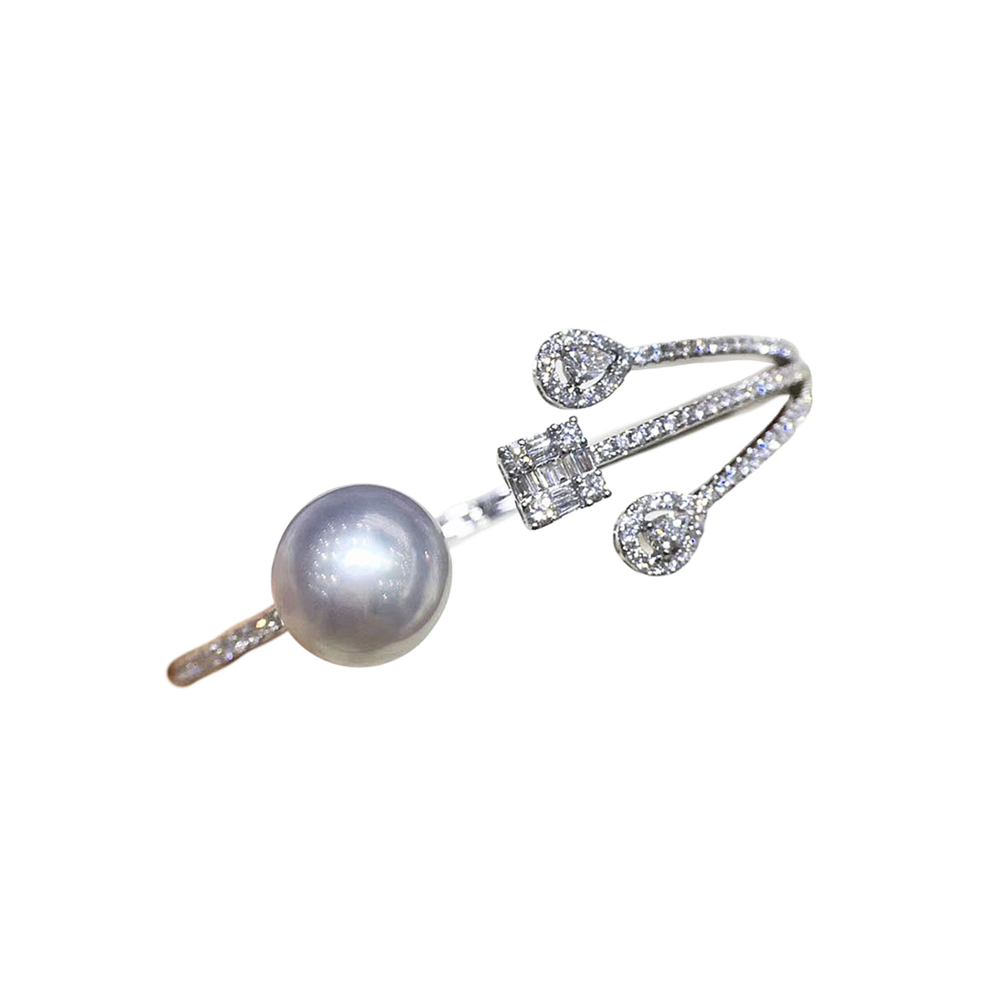 Sculpted Geometry — Modern South Sea Pearl Baguette Diamond Open Cuff Bracelet